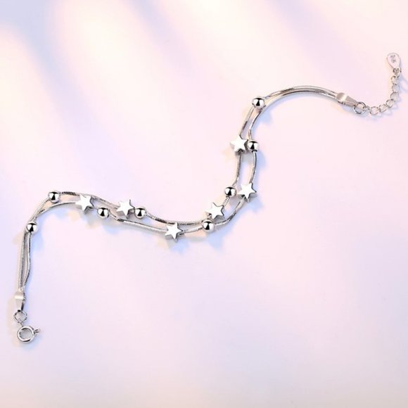 Sterling Silver Double Layer Star Bead Bracelet - Picture 2 of 5